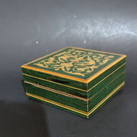 Italian Handcrafted Wooden Trinket Box Green & Gold Floral Design Vintage Decor - Picture 8 of 9